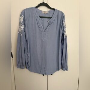 LOFT Light Blue Striped Blouse with White Embroidery